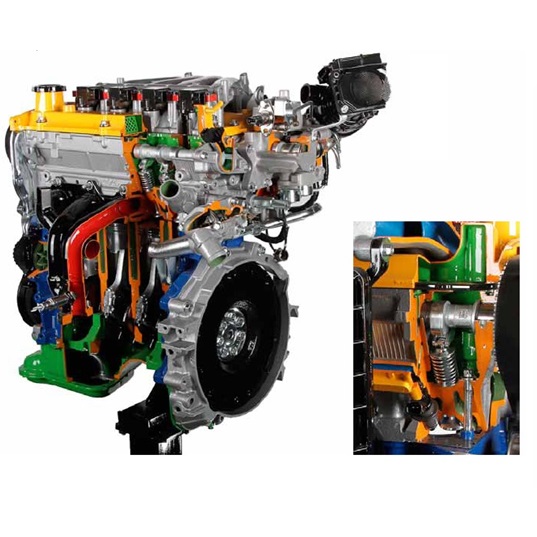matériel pédagogique : Moteur essence en coupe à injection directe, injection électronique multipoints, 16 soupapes, 4 cylindres, 4 temps
