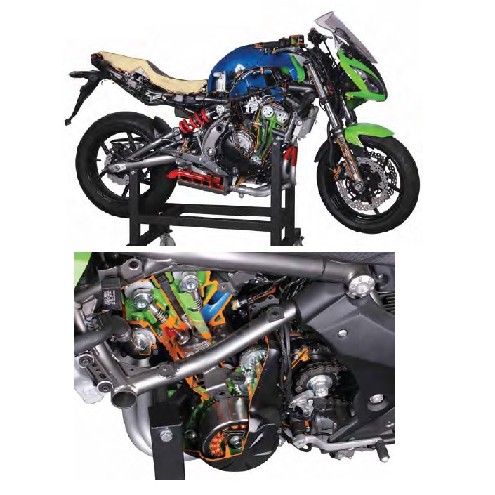 matériel pédagogique : Modèle de moto moderne de type 'KAWAZAKI, HONDA, YAMAHA' en coupe 
